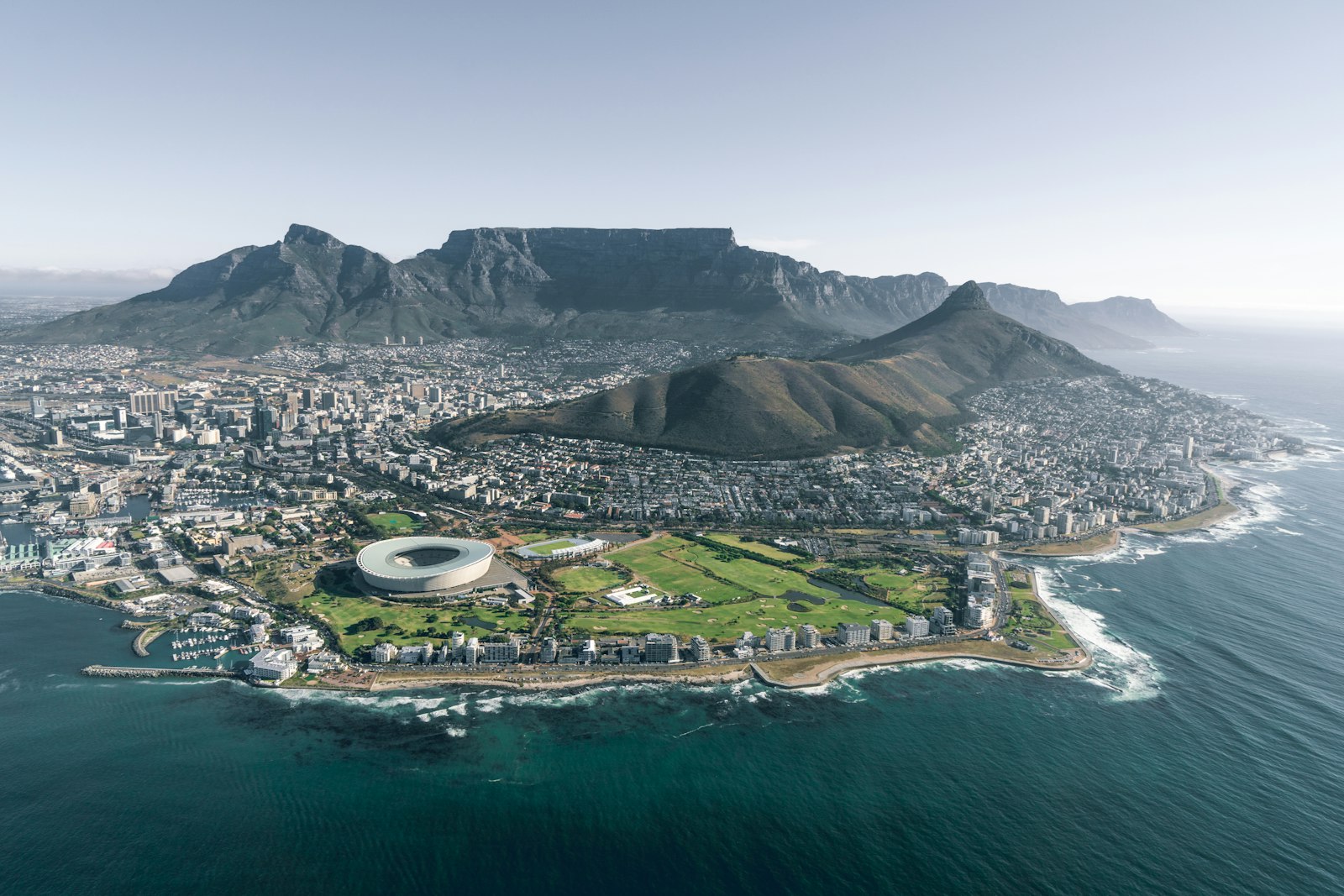 Table Mountain rising above Cape Town at golden hour